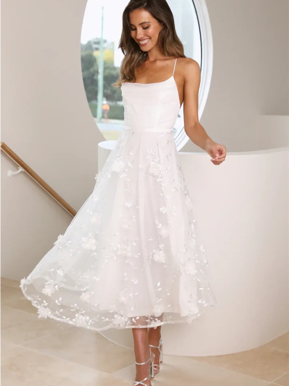 Women's White Floral Midi Dress with Spaghetti Straps
